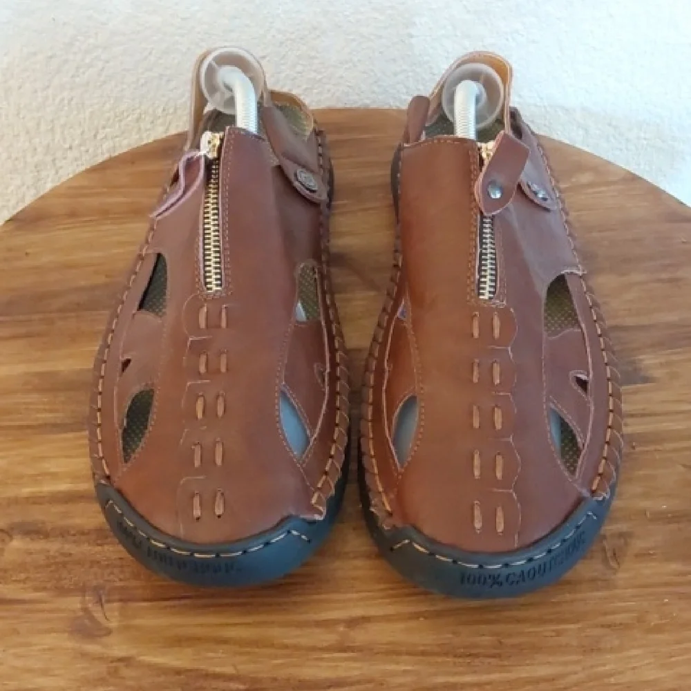 Men's Brown Leather Fisherman Sandal Shoes Adjustable Easy On /Off Sz.13